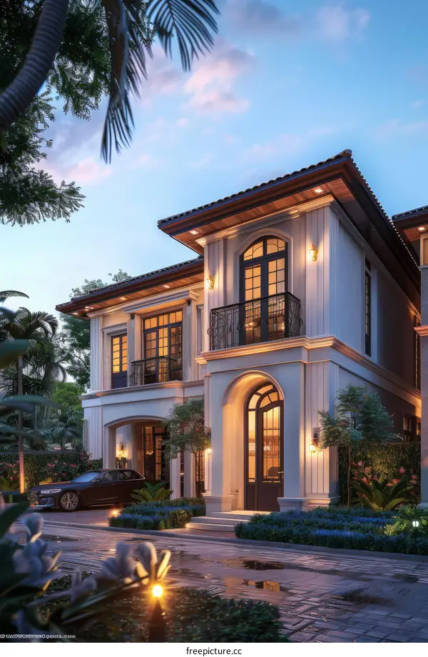 Luxury Mansion Exterior at Dusk