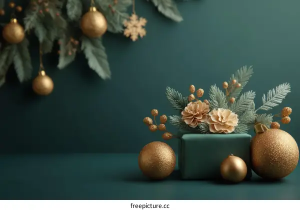 Christmas Decoration Scene with Golden Ornaments