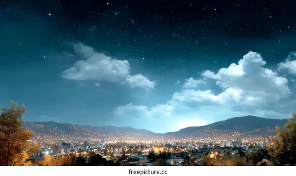 Night City Skyline with Starry Sky and Clouds