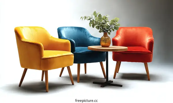Colorful Velvet Armchairs and a Small Table