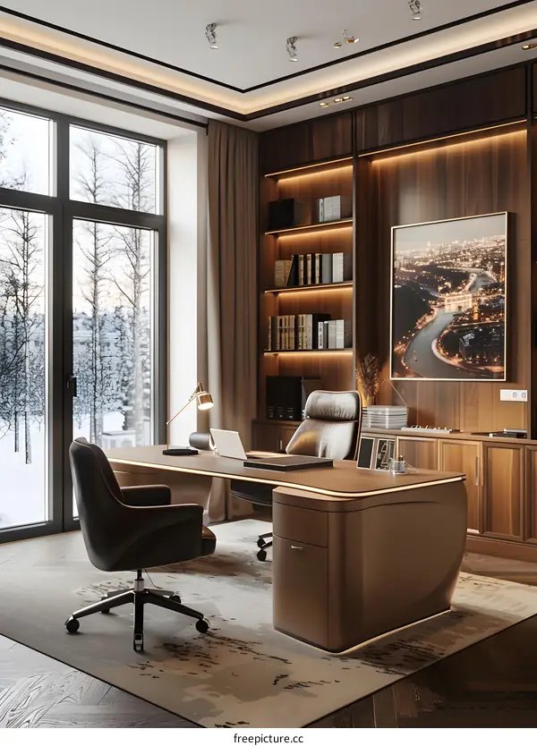 Luxury home office interior with large windows and a view of the winter forest