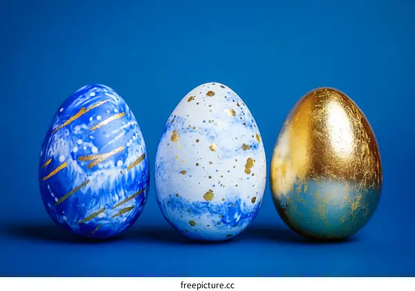 Three Decorated Easter Eggs on a Blue Background