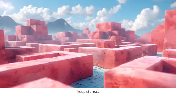 Pink structures in a 3D maze with a blue sky and white clouds in the background