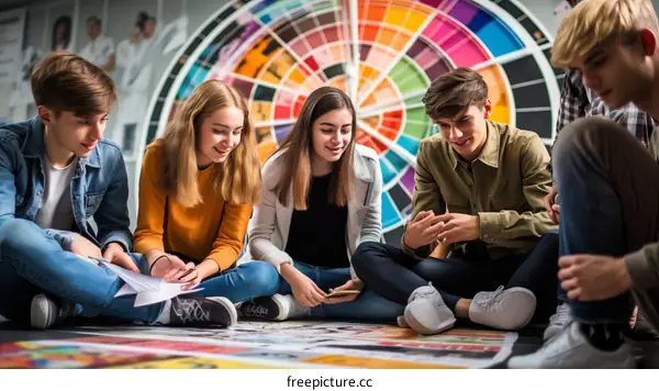 Multiethnic group of young people sitting in a circle on the floor discussing ideas