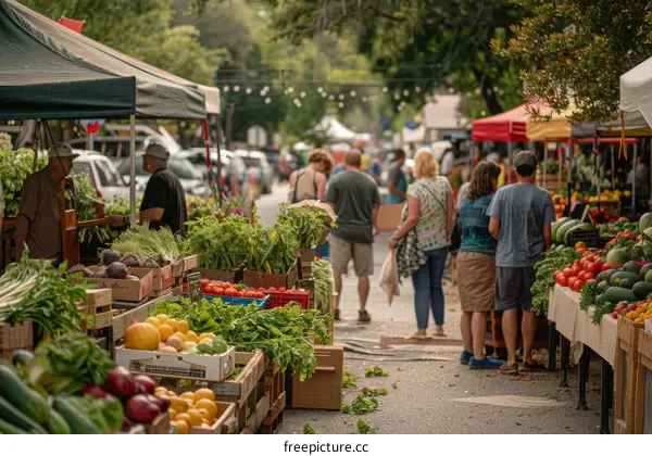 A bustling farmer's market with a variety of fresh produce