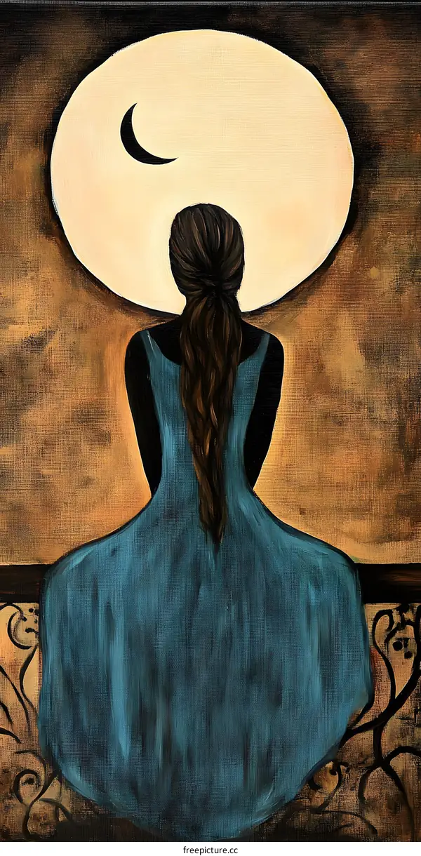 Woman Sitting Under a Crescent Moon Painting