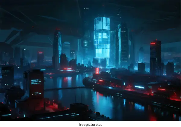 Futuristic Cityscape with Neon Lights and Water Reflections