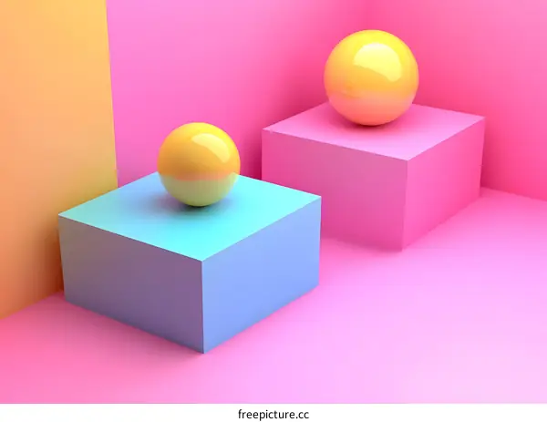 Abstract 3D Minimalist Yellow Balls on Pastel Colored Cubes