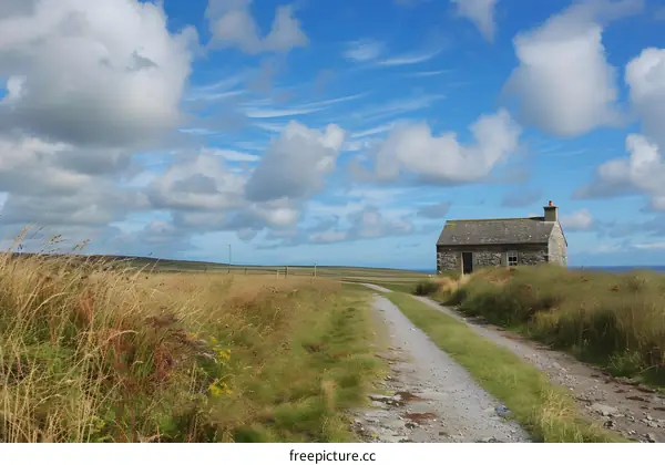 Stone Cottage on a Hilltop with Grass Field and Blue Sky