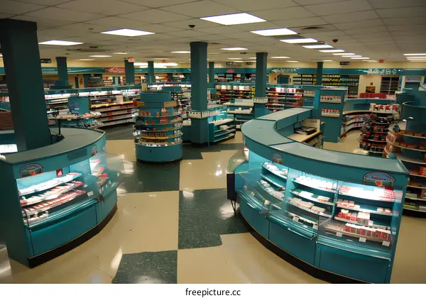 Interior Of A Convenience Store With Shelves And Refrigerators