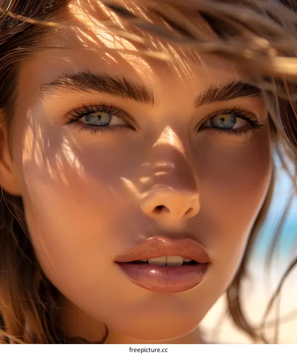 Close-up portrait of a beautiful young woman with sun-kissed skin and blue eyes