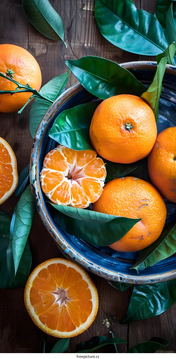 Fresh Oranges in a Blue Bowl with Green Leaves on a Wooden Background