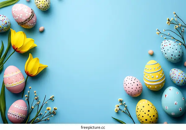 Colorful Easter Eggs and Flowers on a Light Blue Background