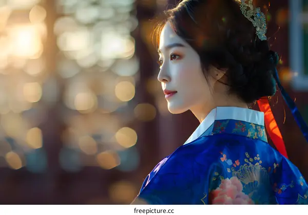 Portrait of a beautiful Asian woman in traditional Korean dress, or Hanbok