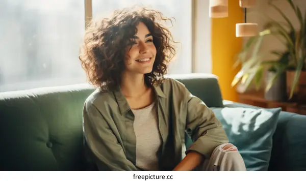 Portrait of a young woman with curly hair sitting on a couch and smiling