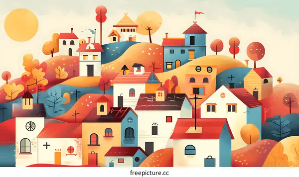 Charming Autumnal Village Illustration With Houses And Trees