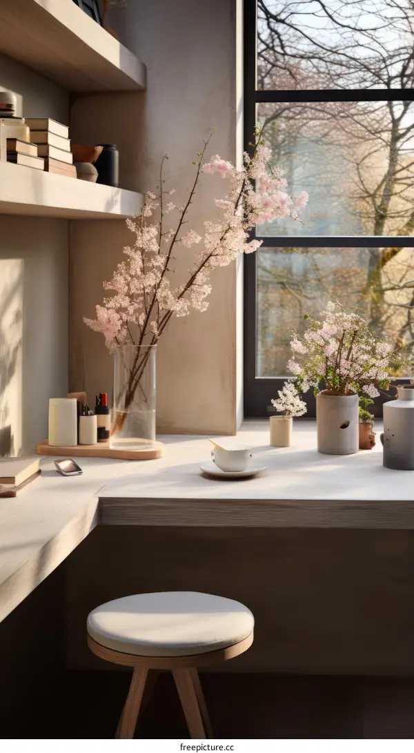 Desk with vase of flowers beside window in home office