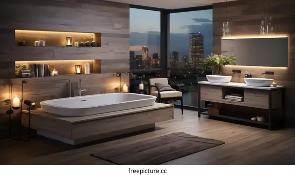 Modern Bathroom Interior with City Skyline View