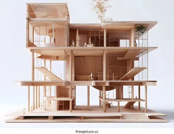 Wooden Model of a Modern House with Staircase and Open Floor Plan