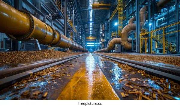Industrial Building with Large Pipes and Yellow Floor Marking