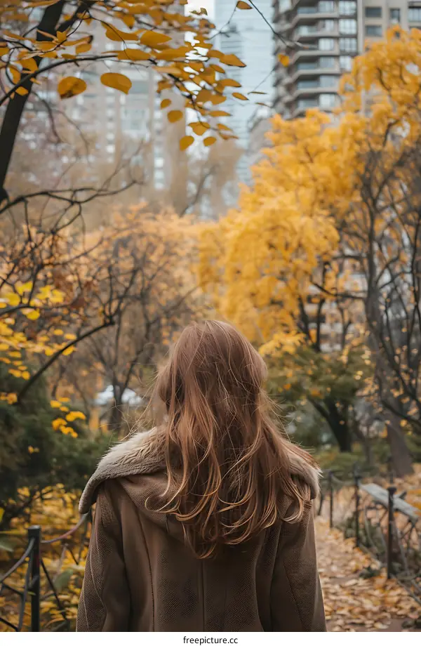 Woman Walking Through Autumn Leaves in a City Park