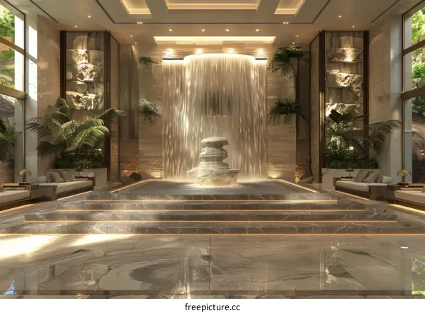 Luxury Interior Design with Waterfall Feature