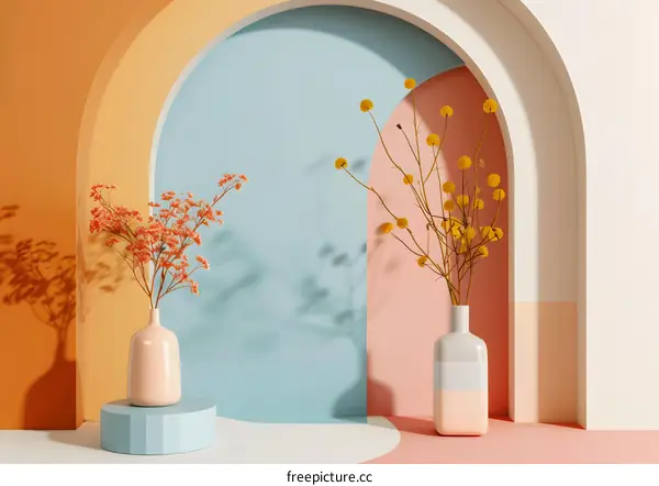 Minimalist Abstract Background With Dried Flowers In Vases