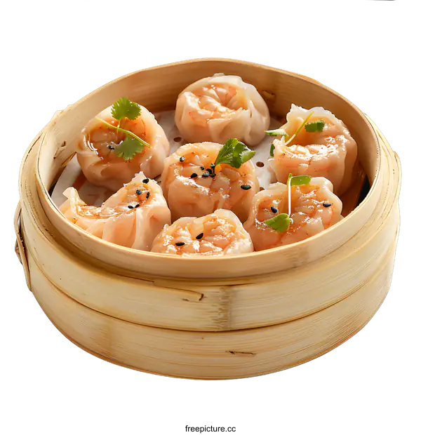 [Transparent Background PNG]steamed shrimp dumplings in a bamboo steamer