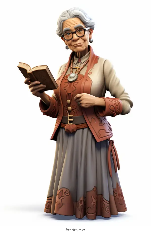 An old woman wearing glasses is reading a book