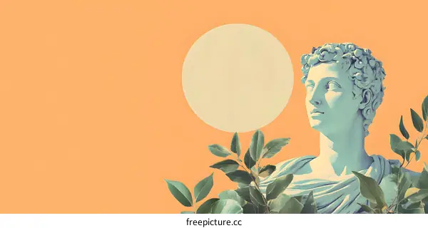 Abstract Minimalist Art with Statue and Leaves on an Orange Background