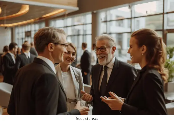 Group of business people having a conversation in a modern office space