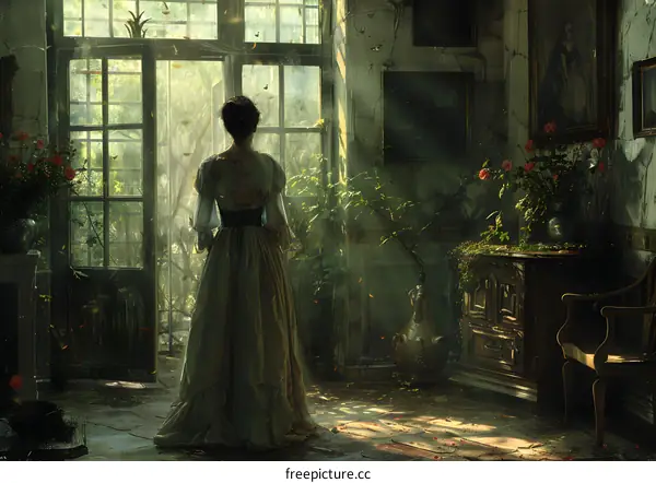 A woman standing in a ruined room