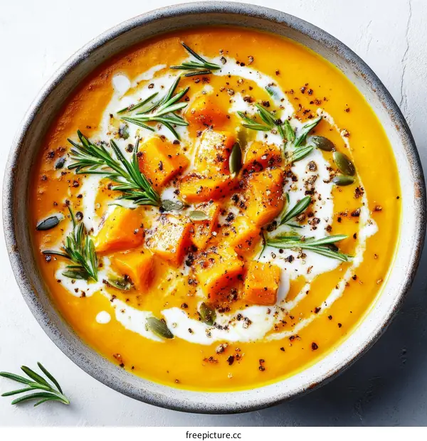 Creamy Pumpkin Soup with Rosemary and Seeds