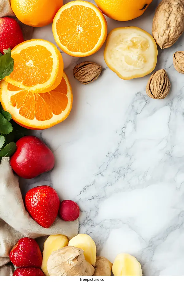 Fresh Oranges, Ginger, Strawberries, and Walnuts on a Marble Background