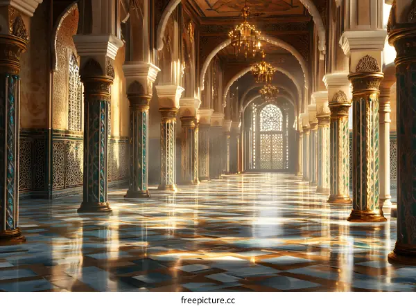 Golden Hallway with Columns and Patterned Tiles