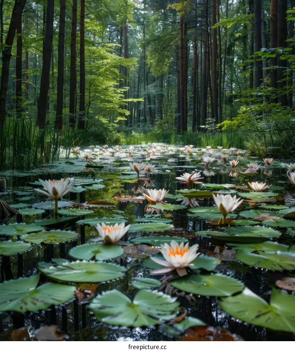 Mystical Forest Pond with Water Lilies