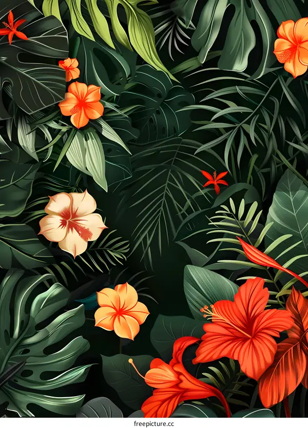 Tropical Floral Pattern with Hibiscus Flowers and Lush Green Leaves