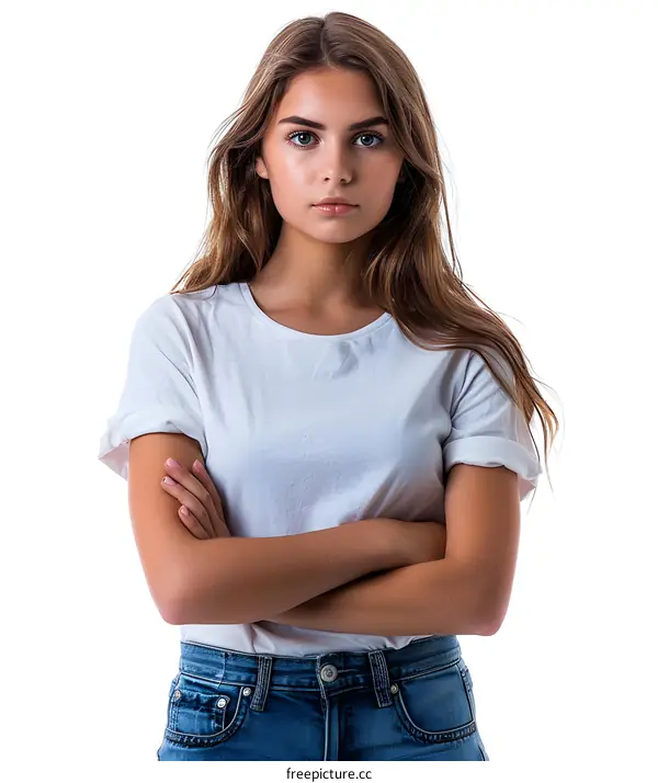 Portrait of a beautiful young woman in a white t-shirt and blue jeans