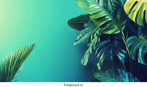 Tropical Green Leaves on a Teal Background