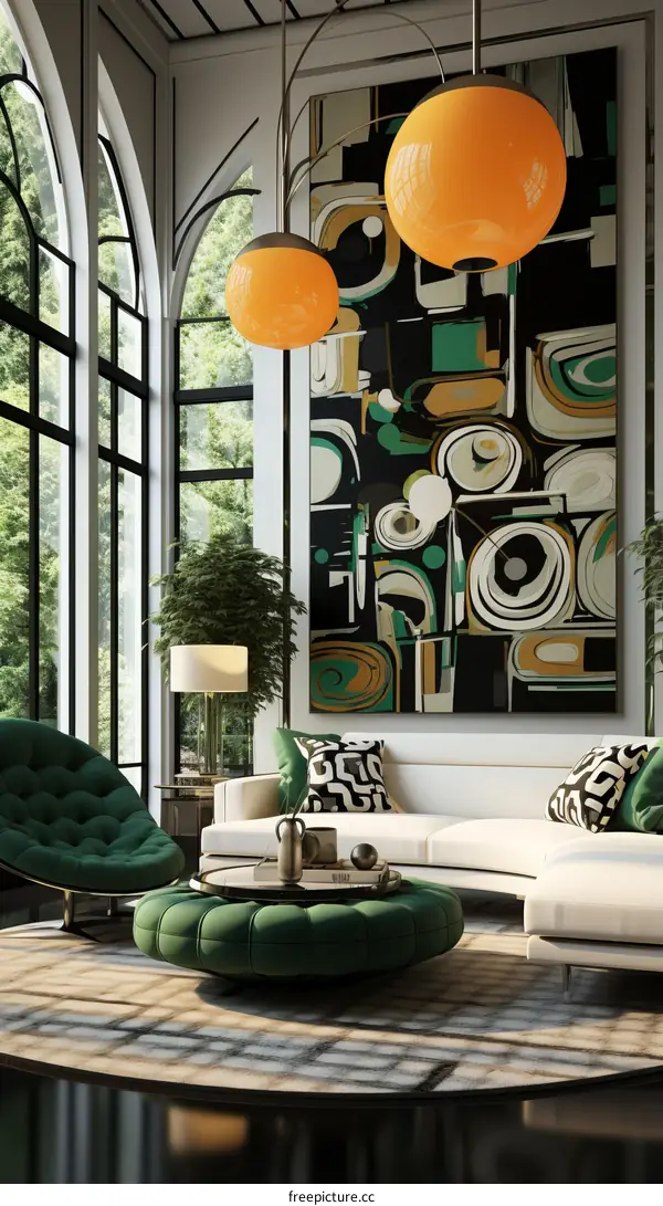 Modern Living Room with Green Sofa and Abstract Art