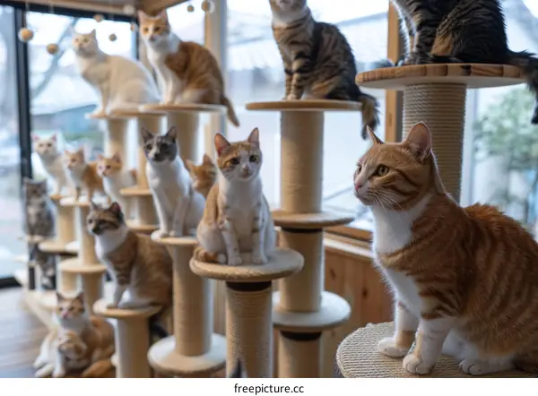A group of cats sitting on a cat tree