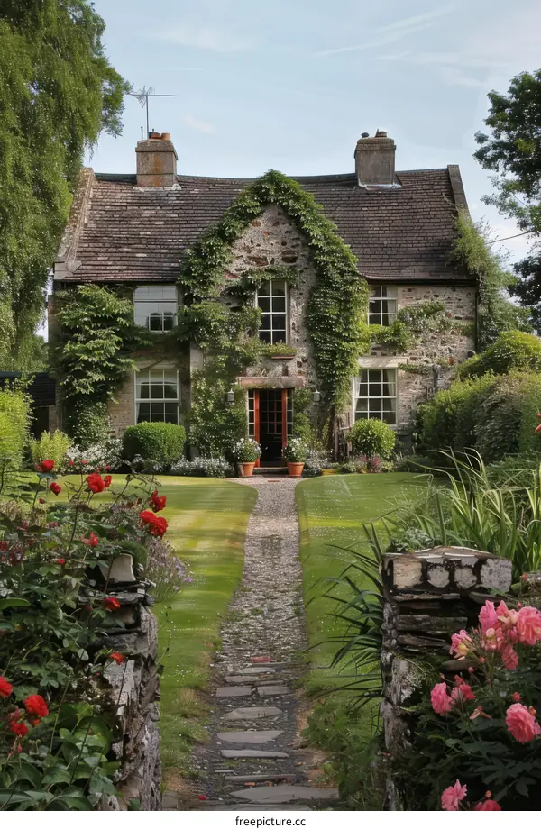 Stone cottage with red door and garden