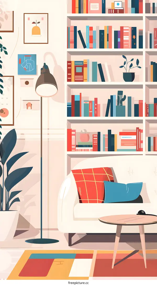 Cozy Living Room Interior With White Sofa and Bookshelf