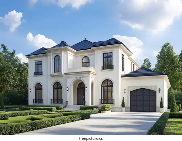Modern White Mansion with Black Trim and Green Lawn