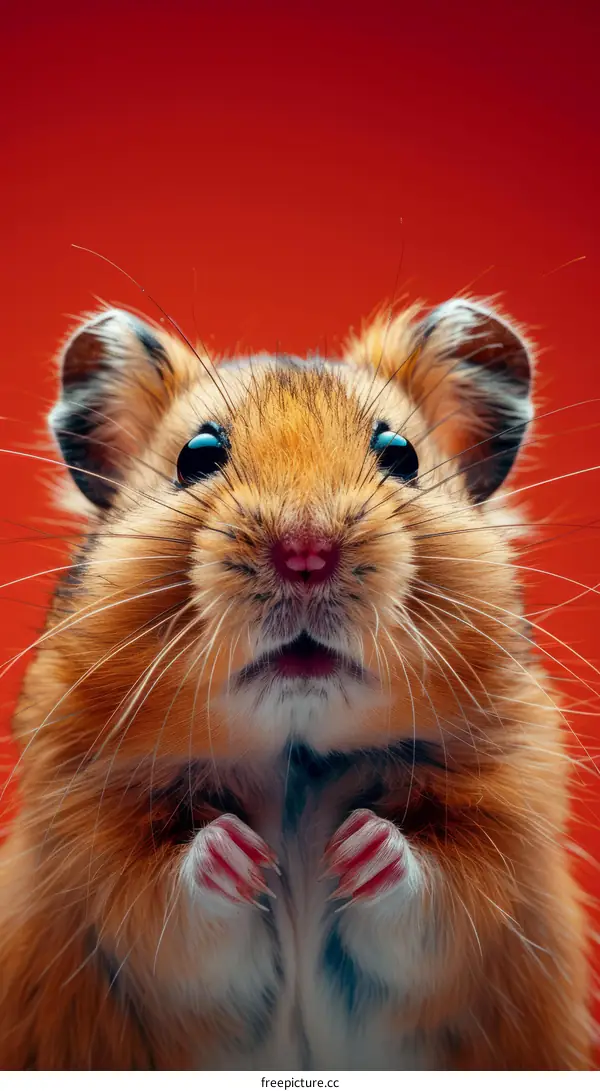 Close-up portrait of a surprised hamster with its paws in the air