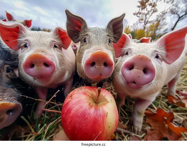 Four Curious Piglets Sniffing a Red Apple