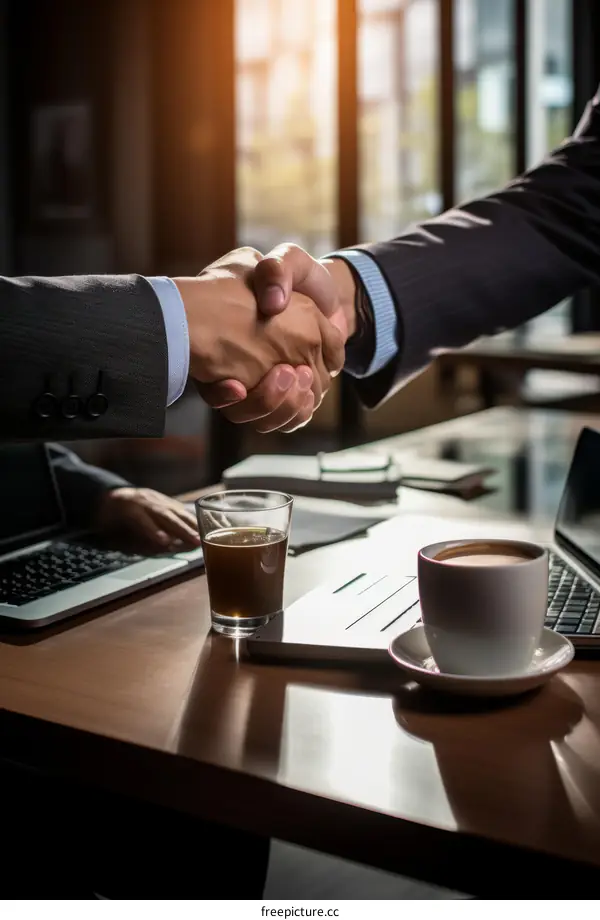 Business handshake agreement with coffee cup on wooden table