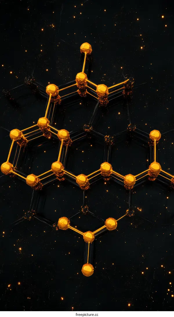 Golden Hexagonal Molecular Structure on Dark Background