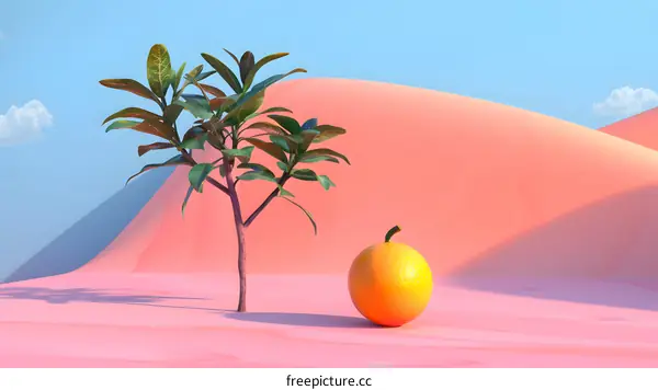 Minimalist 3D Illustration of a Tree and Orange on a Pink Sand Dune
