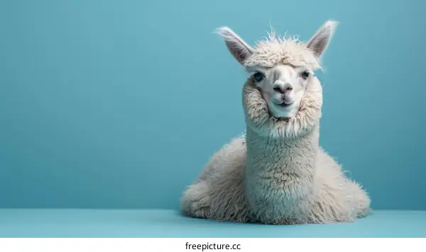 White fluffy llama on blue background